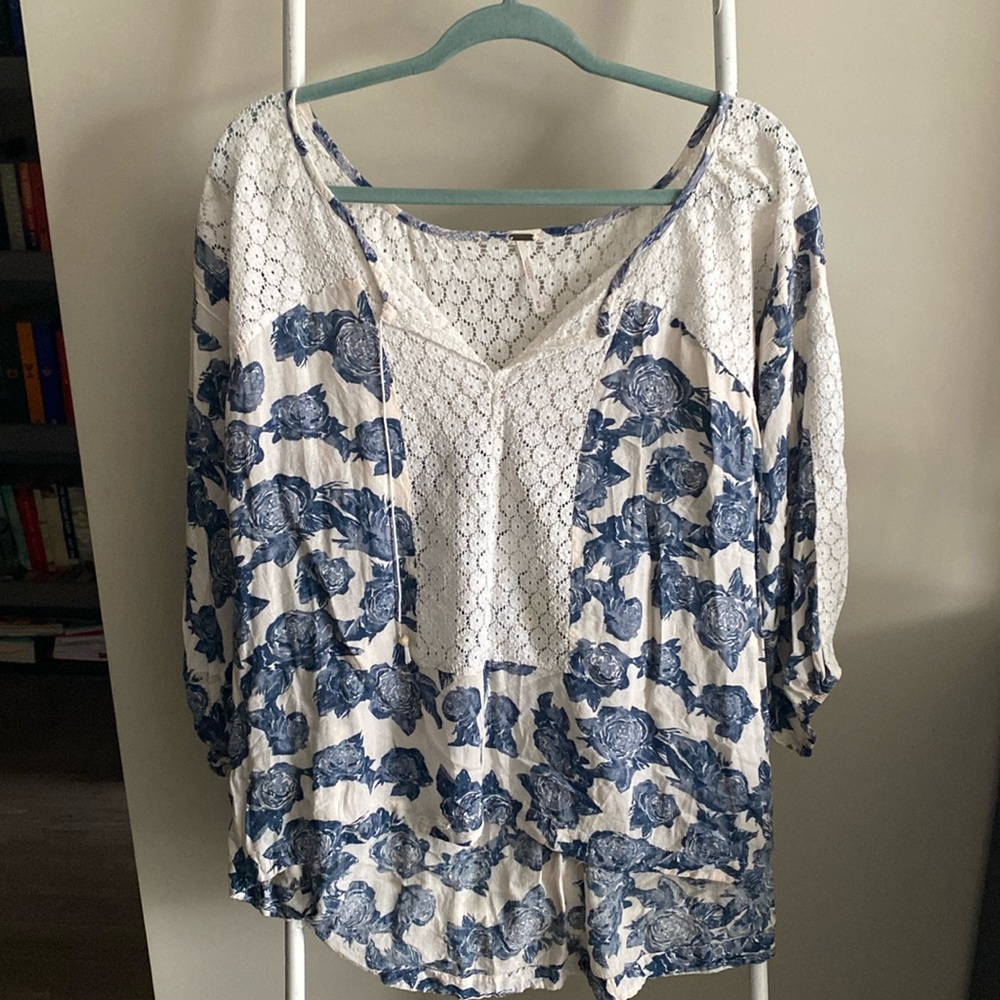 Free People White and Blue Floral Blouse Size M